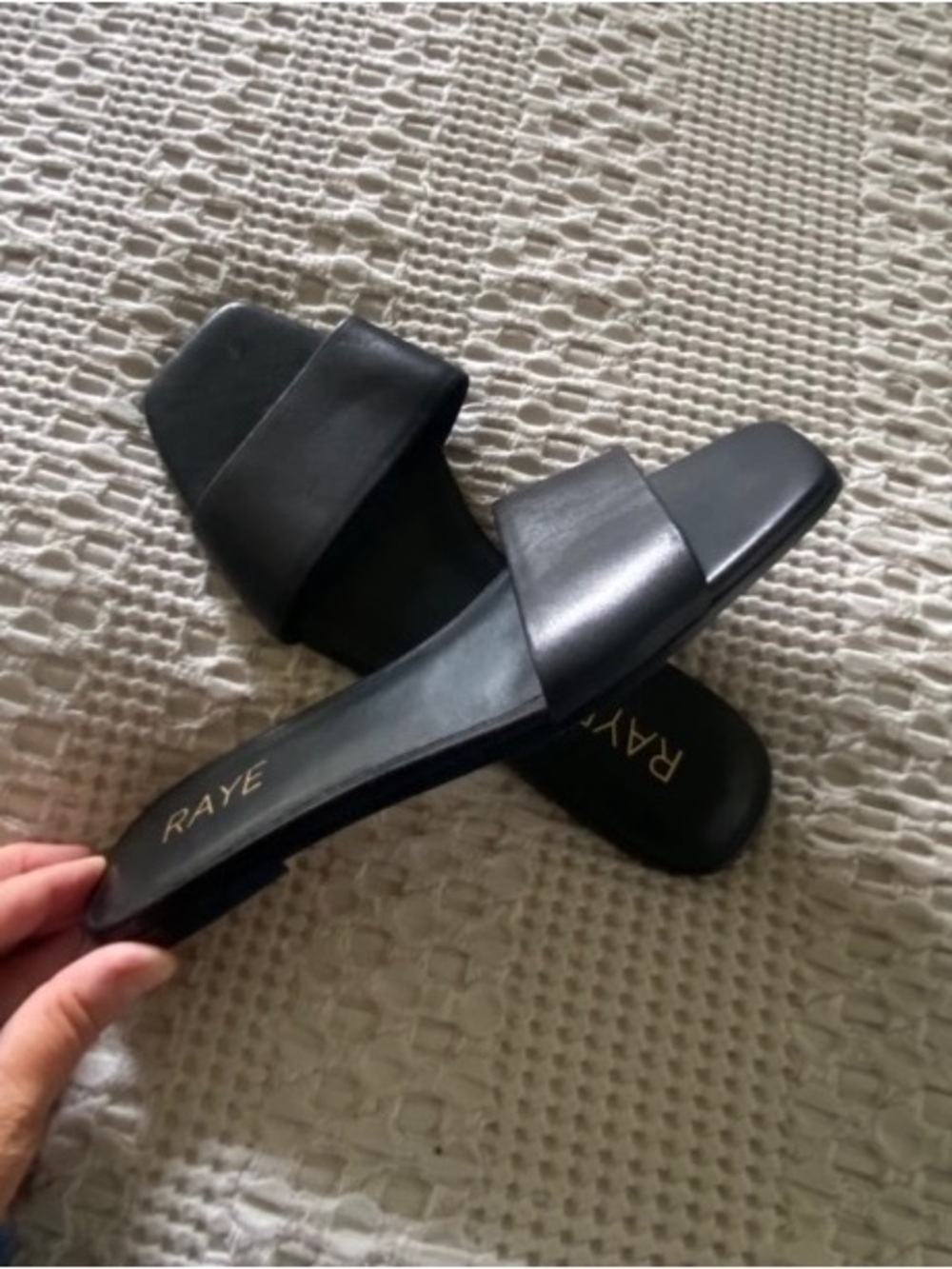 RAYE Black Square-Toe Leather Slide Sandals, 8